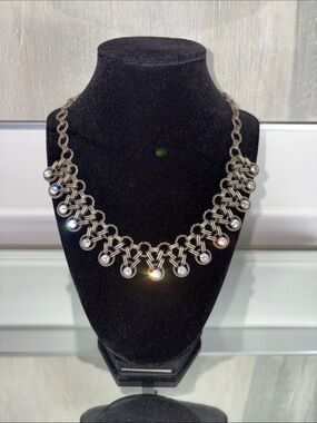Y2K J. Crew Silver-Tone Crystal Drop Bib Necklace